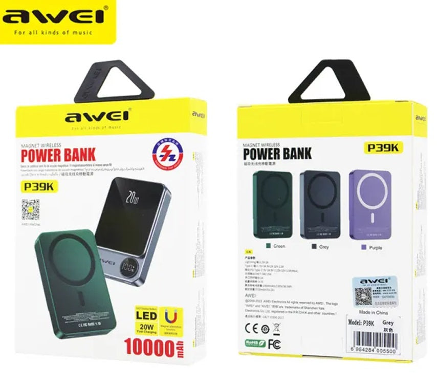 Magnetic charging Powerbank - P39K - 10,000mah - 20W - AWEI - 005500 - Gray