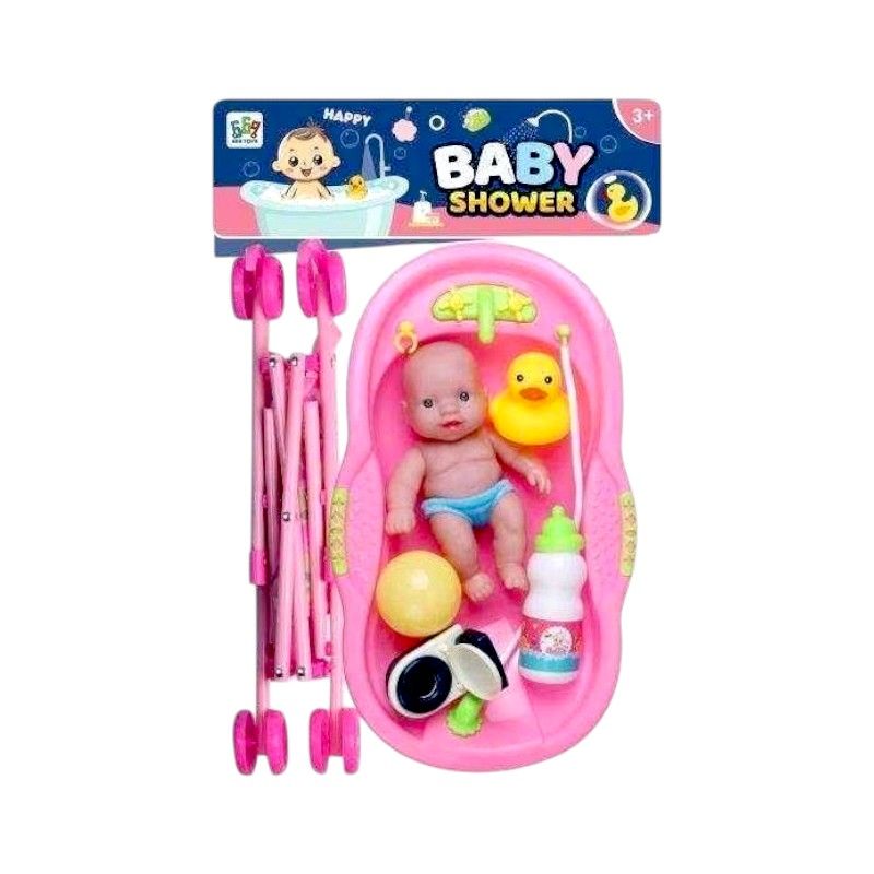 Κούκλα μωρό με σετ μπάνιου και καροτσάκι - 669-702B1 - 215562