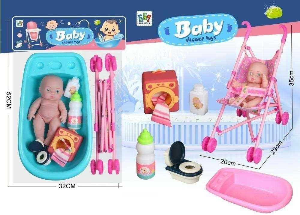 Baby doll with bath set and stroller - 669-609B - 215565