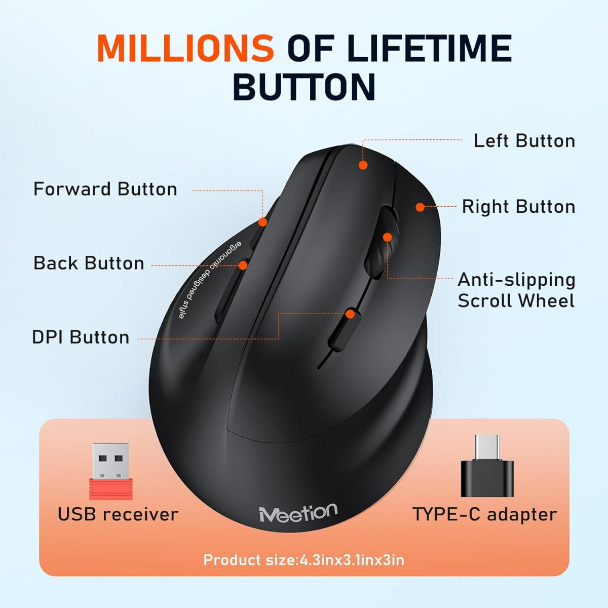 Meetion MT-BTM010R Right Ergonomic Wireless Mouse Black