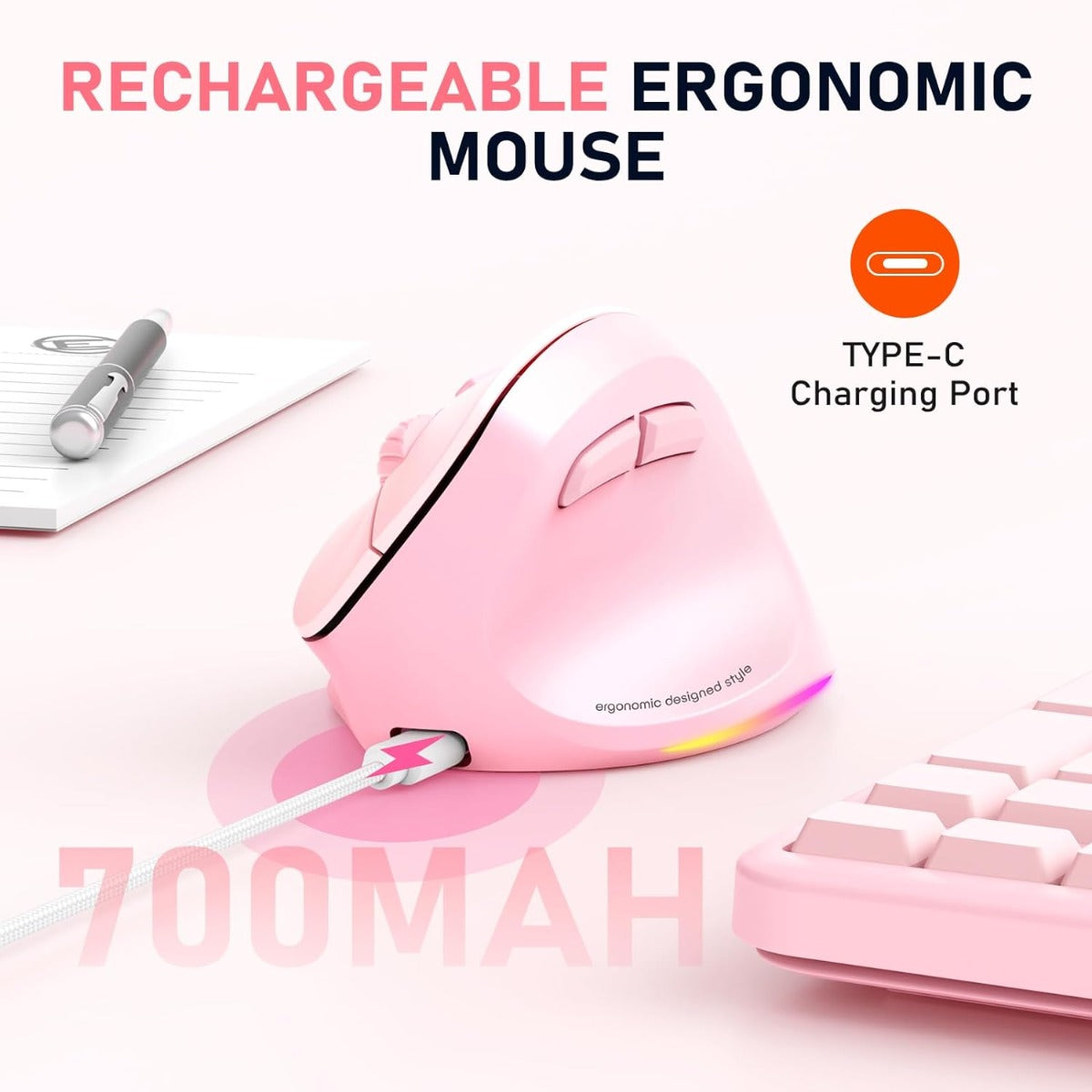 Meetion MT-BTM010L Left Ergonomic Wireless Mouse Pink