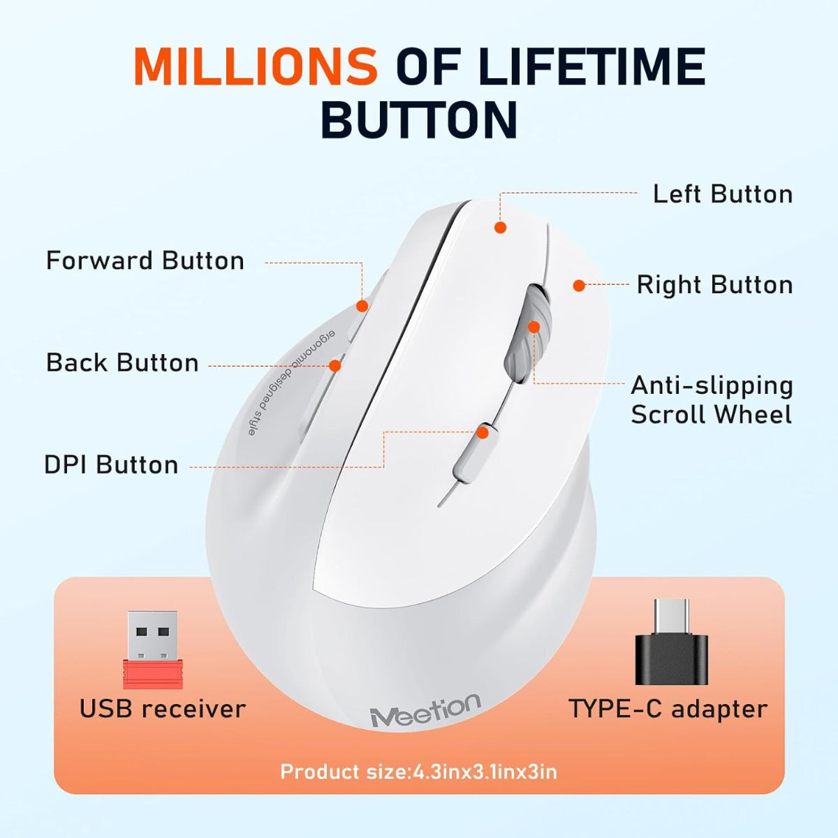 Meetion MT-BTM010R Right Ergonomic Wireless Mouse White + Gray