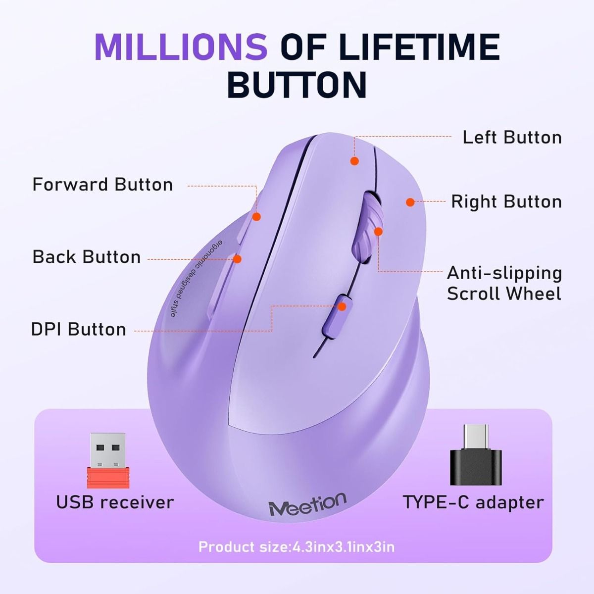 Meetion MT-BTM010L Left Ergonomic Wireless Mouse Purple
