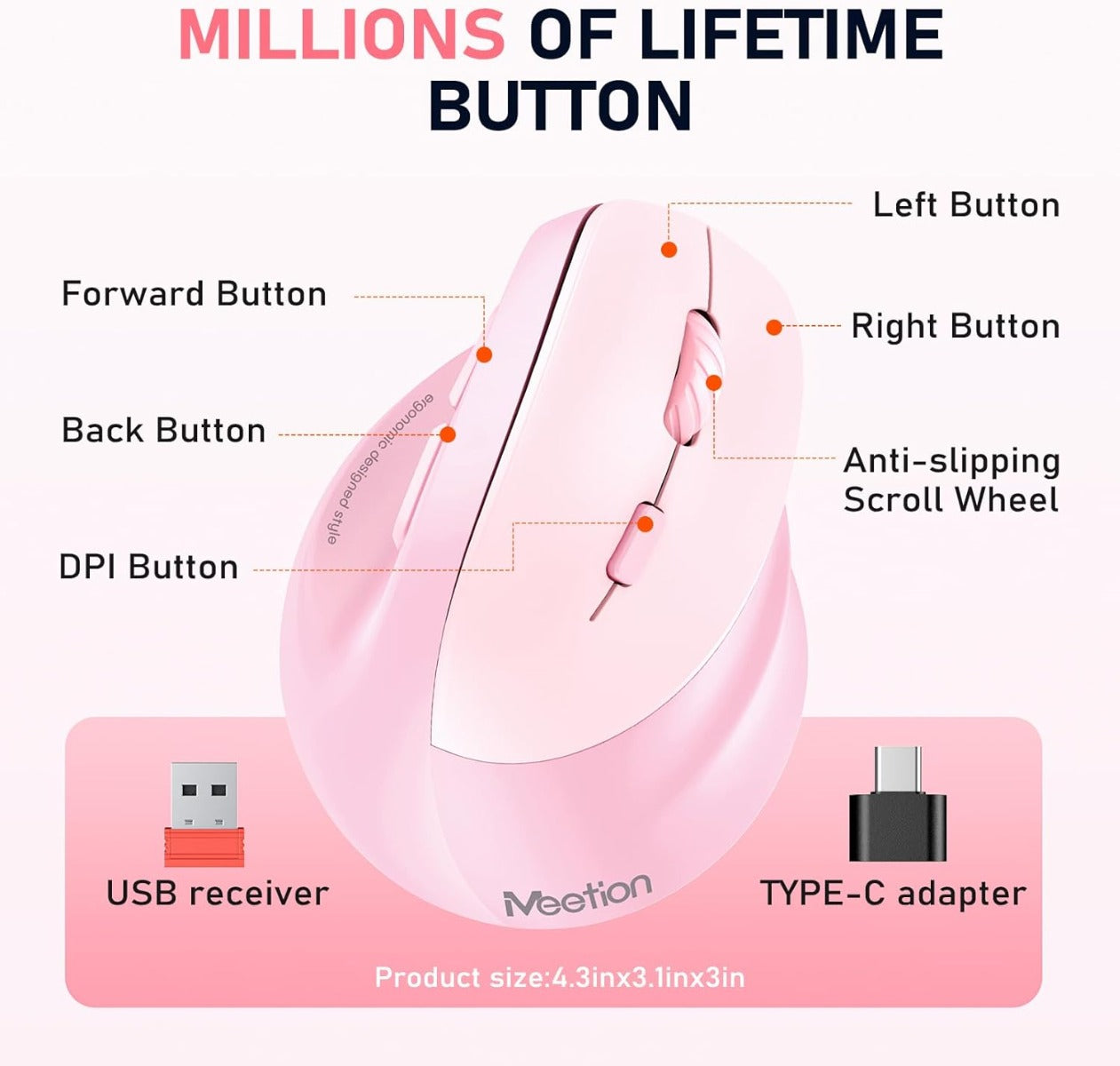 Meetion MT-BTM010L Left Ergonomic Wireless Mouse Pink