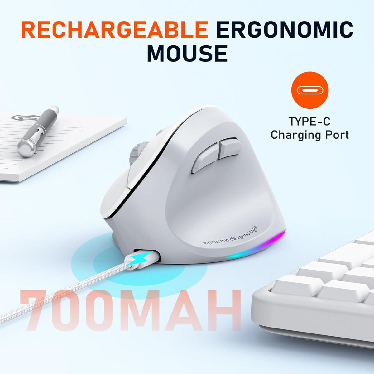 Meetion MT-BTM010R Right Ergonomic Wireless Mouse White + Gray
