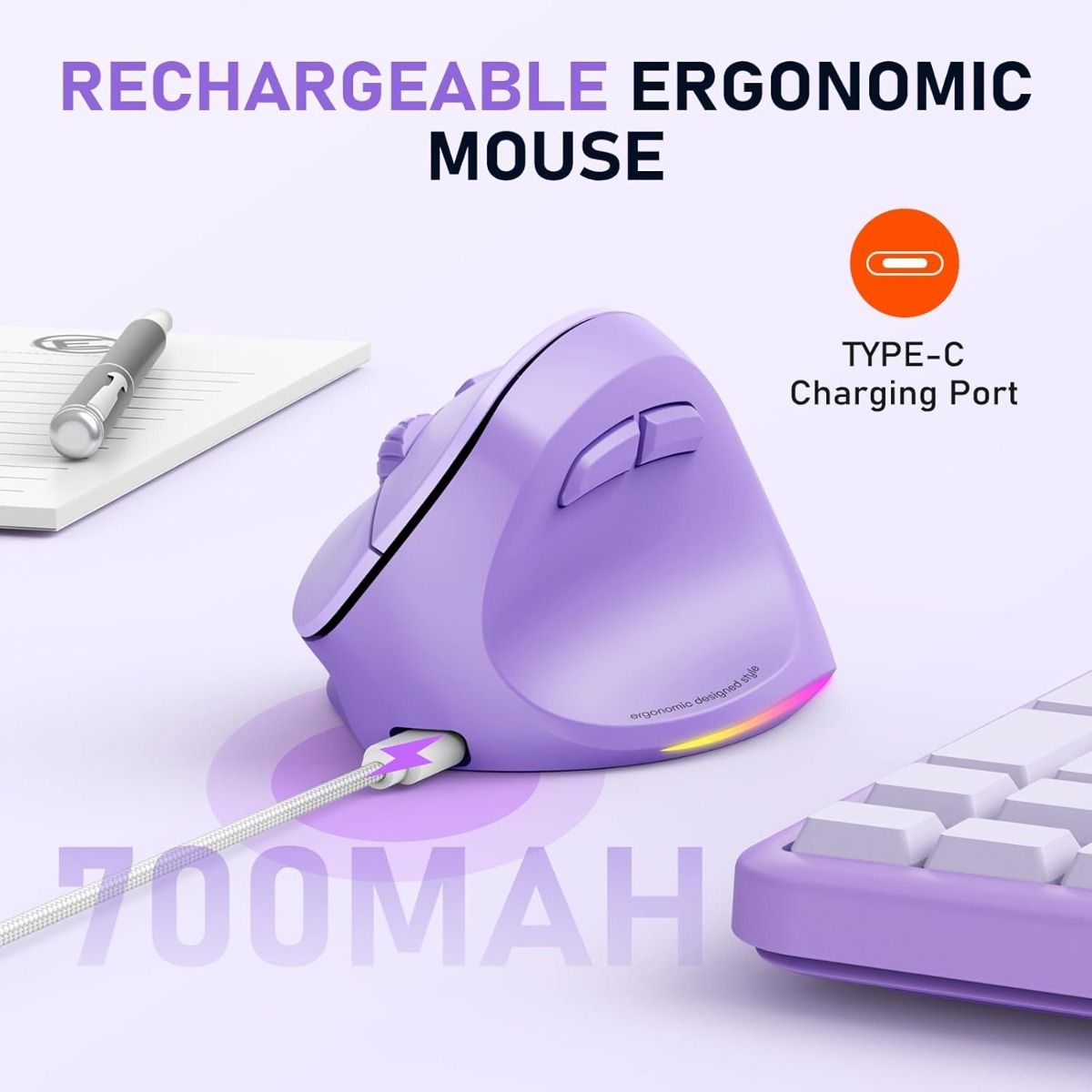 Meetion MT-BTM010L Left Ergonomic Wireless Mouse Purple