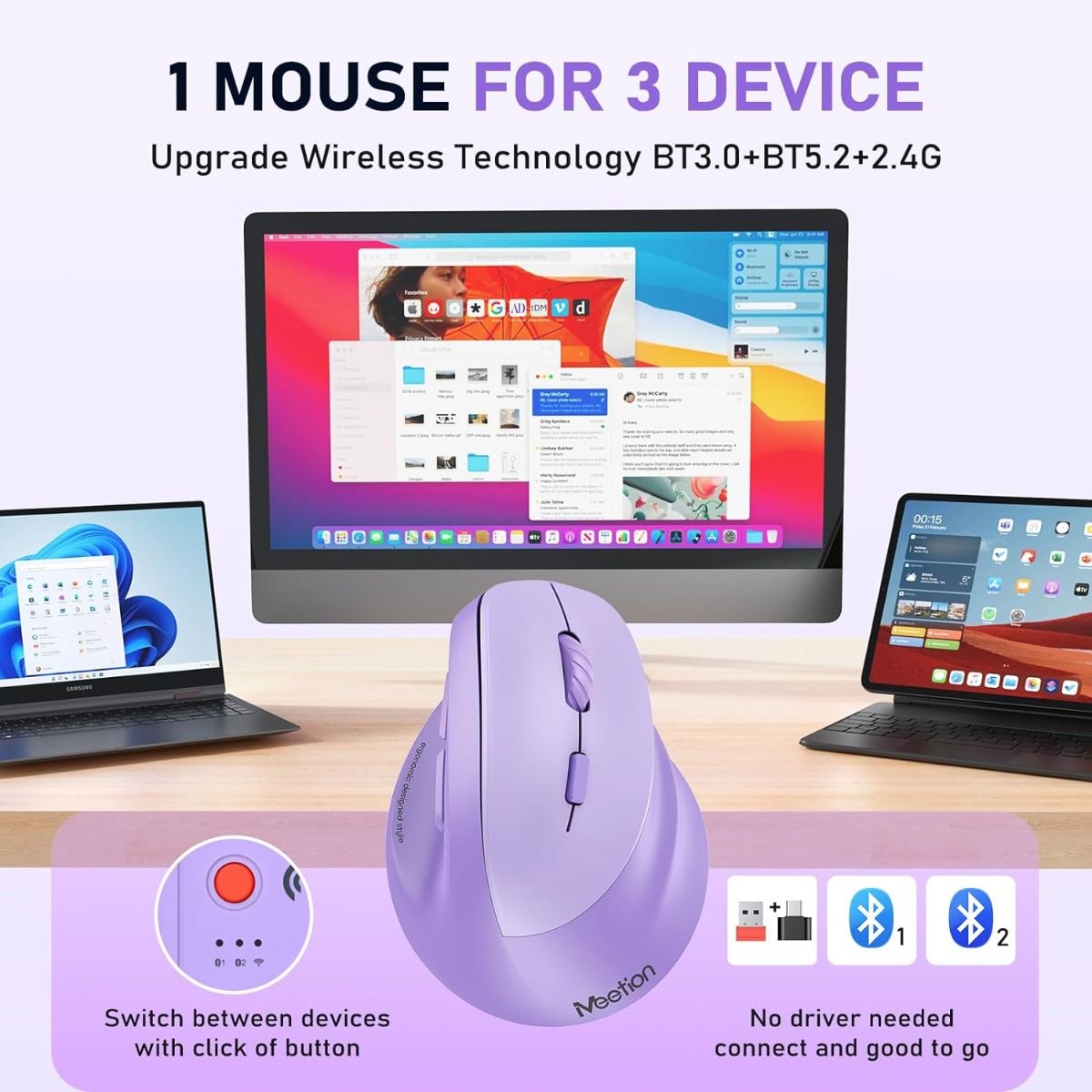 Meetion MT-BTM010L Left Ergonomic Wireless Mouse Purple