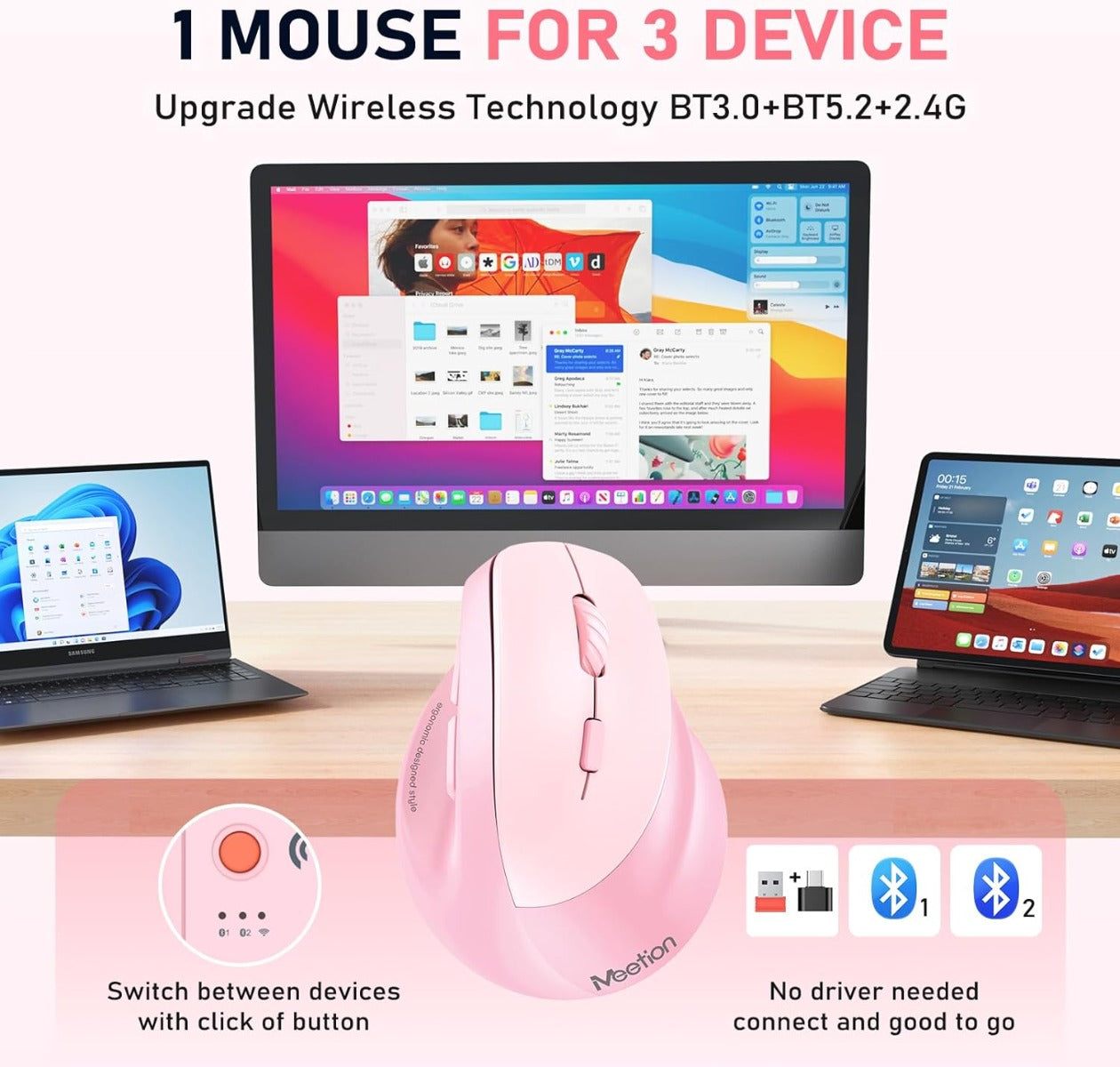 Meetion MT-BTM010L Left Ergonomic Wireless Mouse Pink