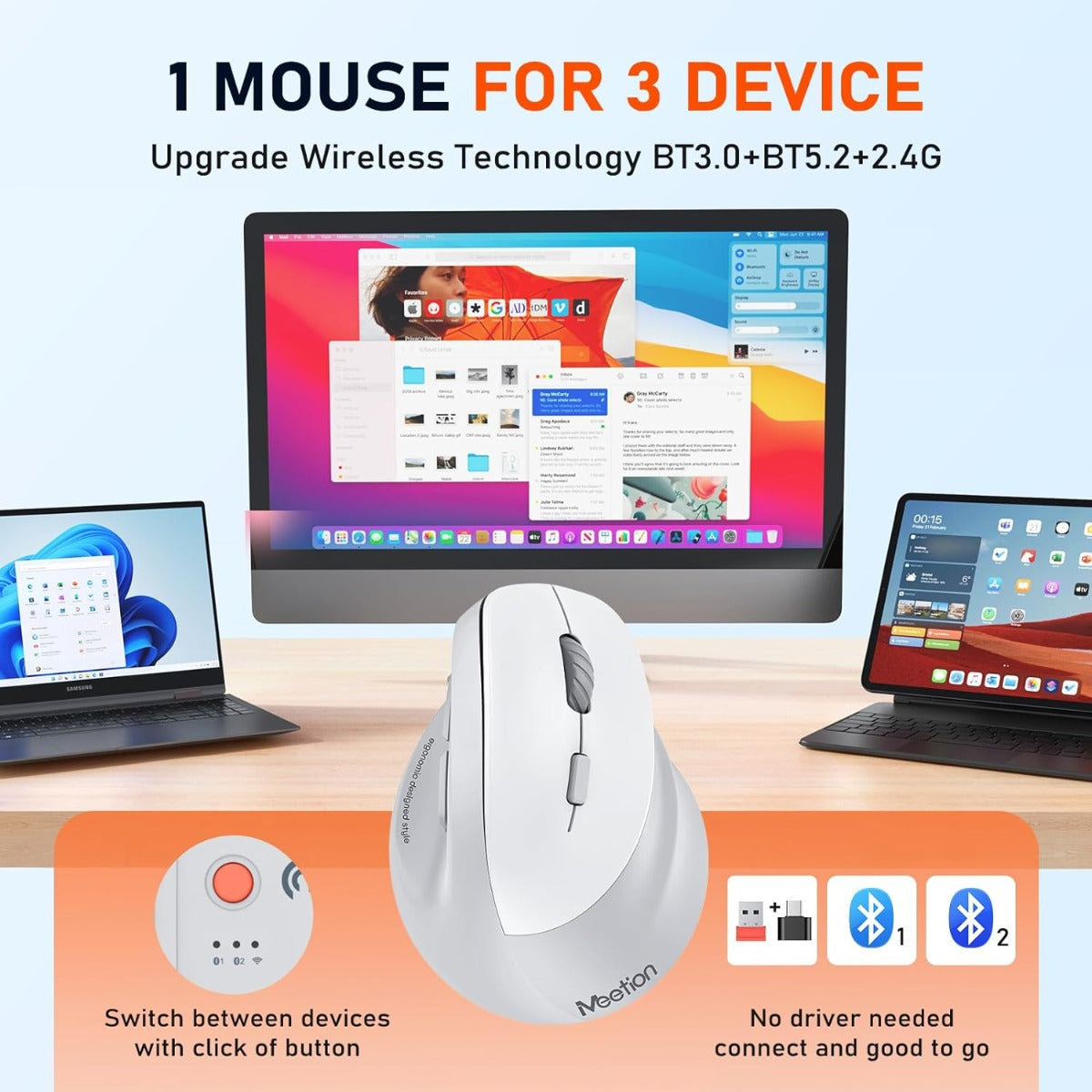 Meetion MT-BTM010R Right Ergonomic Wireless Mouse White + Gray