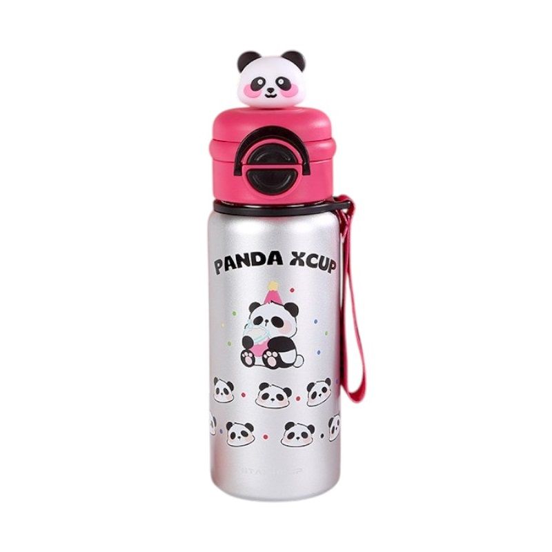 Παιδικό παγούρι-θερμός Panda με καλαμάκι - 500ml - 722344 - Fuchsia/Silver