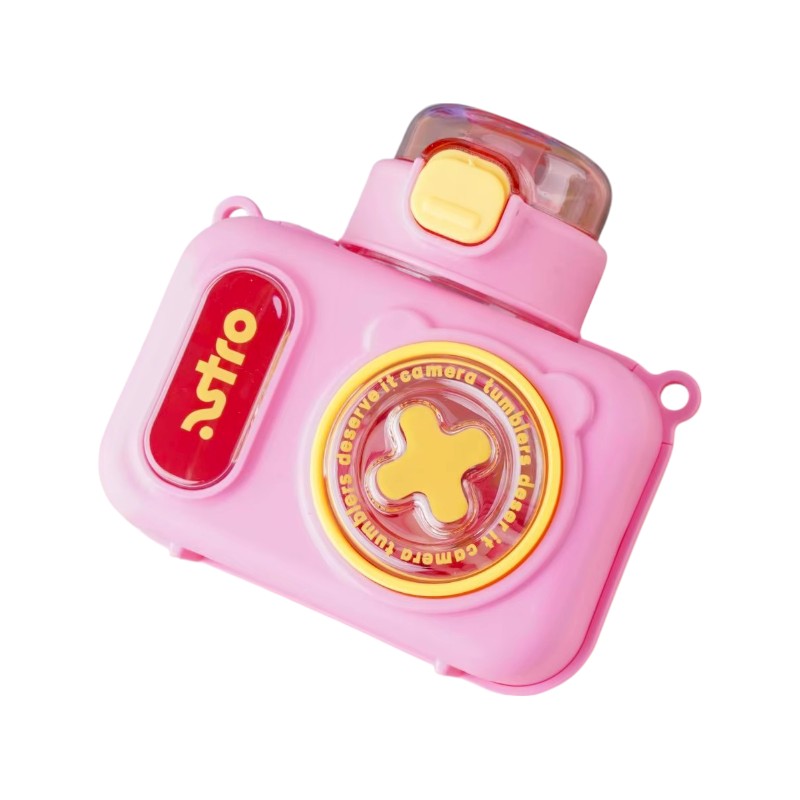 Portable plastic water bottle with straw - Camera - 600ml - 722450 - Pink
