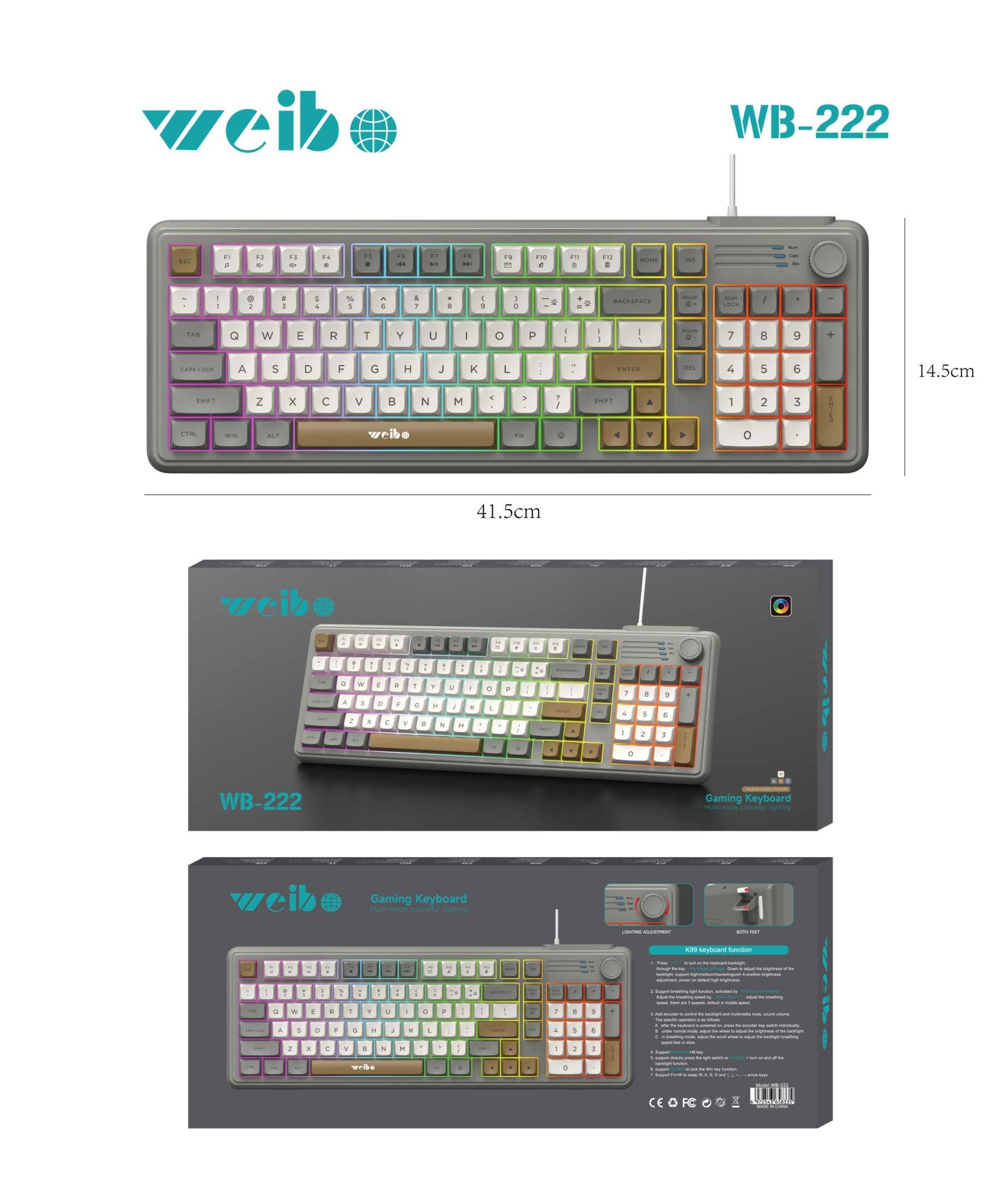 Ενσύρματο πληκτρολόγιο Η/Υ - LED RGB - WB-222 - Weibo - 658335