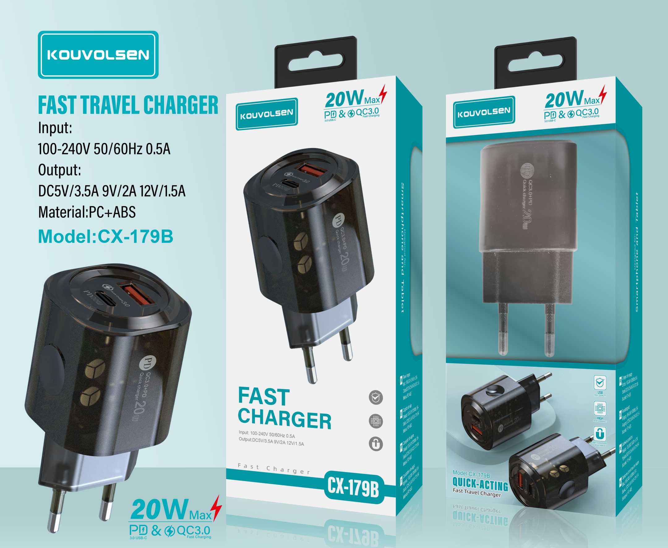 Αντάπτορας φόρτισης Fast Charge με 2 θύρες USB-A & Type-C - 20W - CX-179B - 271795