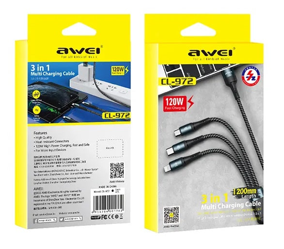 3in1 charging & data cable - Fast Charge - CL-972 - 1.2m - AWEI - 888155 - Black