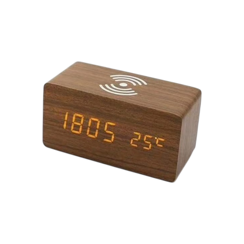 Digital Clock - Alarm Clock with Wireless Smartphone Charging Stand - ET025-MINI - 909467 - Brown