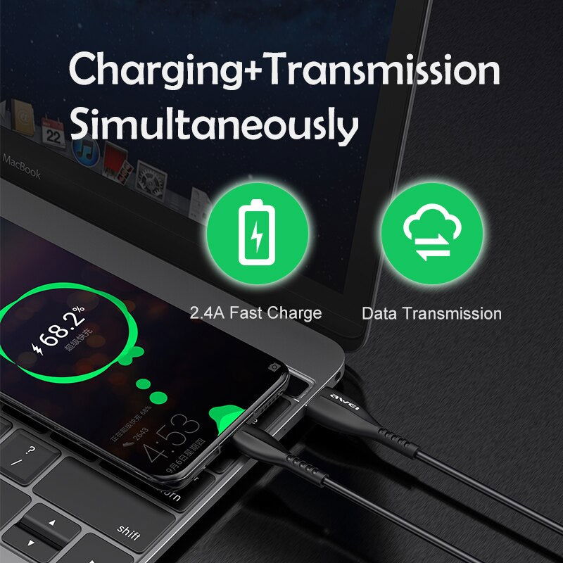 AWEI Καλώδιο Φόρτισης & Δεδομένων Type C 1m 2,4A CL-115T Μαύρο - iThinksmart.gr