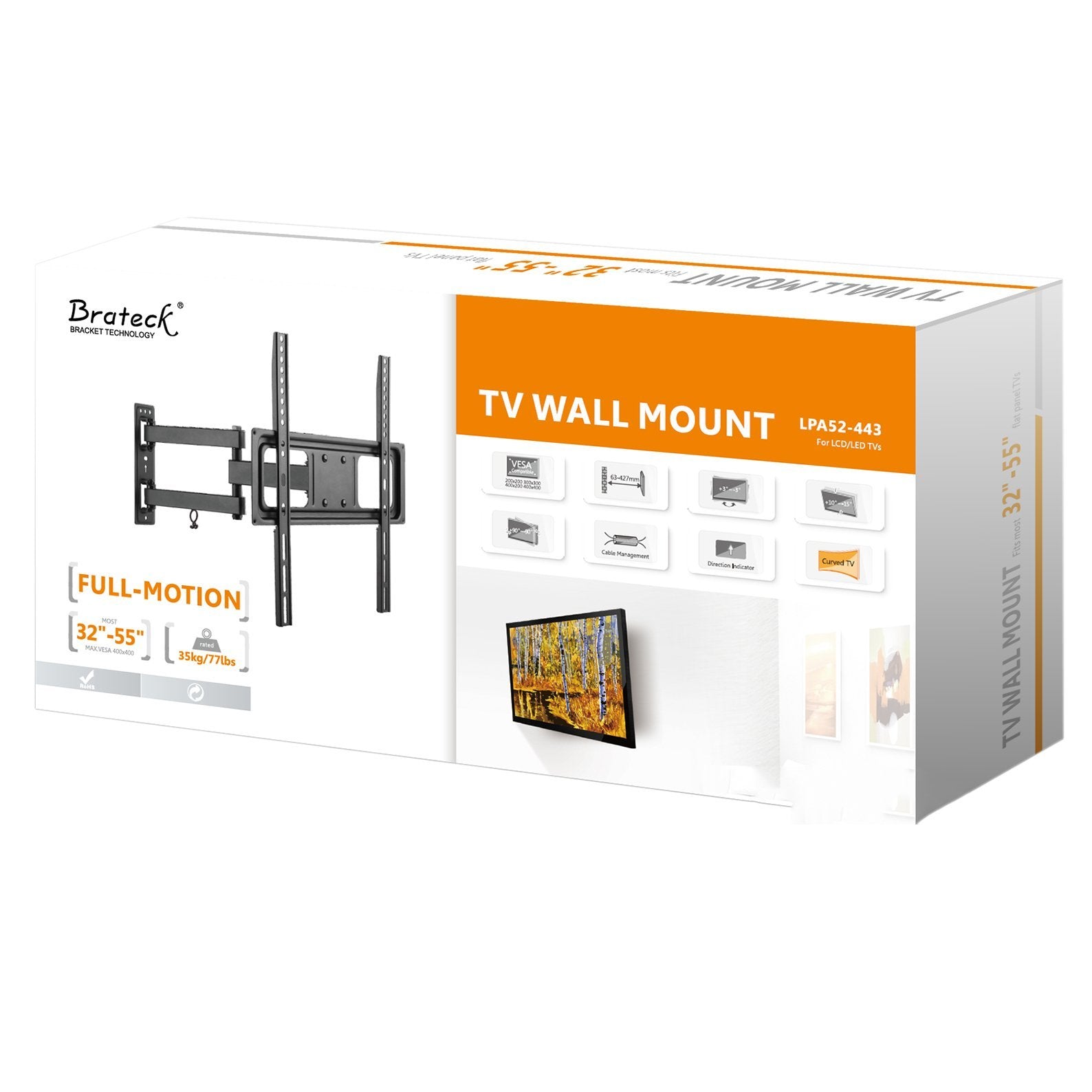 Βάση Τηλεόρασης Τοίχου με Βραχίονα Brateck LPA52-443 32" - 55" 35Kg VESA 200x200, 400x200, 300x300, 400x400mm, Με κλίση +10 -15 μοίρες - iThinksmart.gr