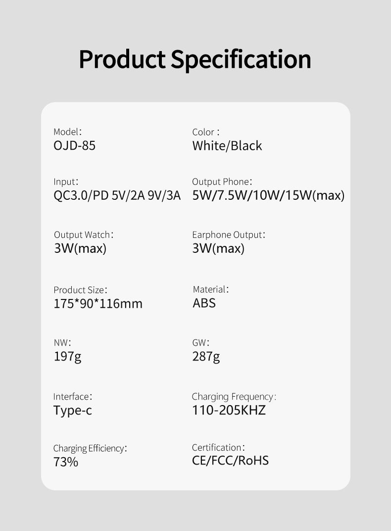 Ασύρματος Φορτιστής (Qi Pad) 15W Power Delivery / Quick Charge 3.0 Μαύρος (OJD-85) - iThinksmart.gr