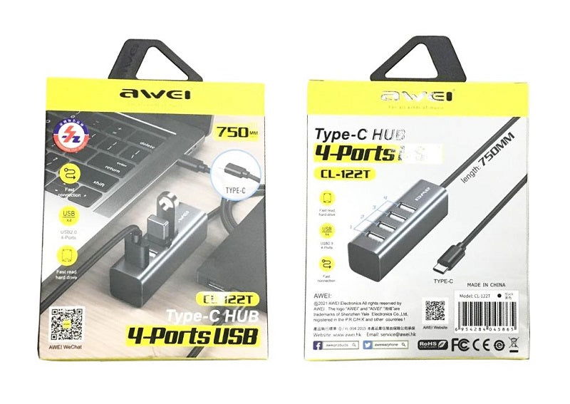 Αντάπτορας USB 2.0 Hub με 4 θύρες - Type-C - CL-122T - AWEI - 888070 - iThinksmart.gr
