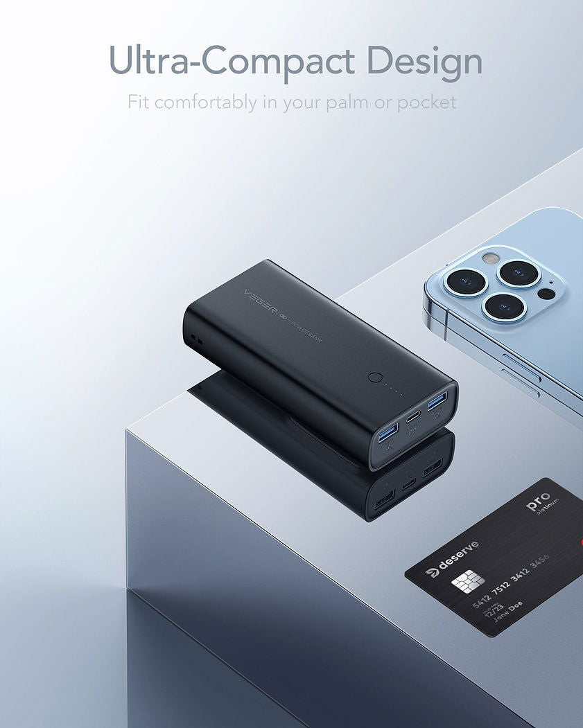 VEGER Power Bank ACE100 10000mAh 20W με 2 Θύρες USB-A και Θύρα USB-C Power Delivery / Quick Charge 3.0 Μαύρο - iThinksmart.gr