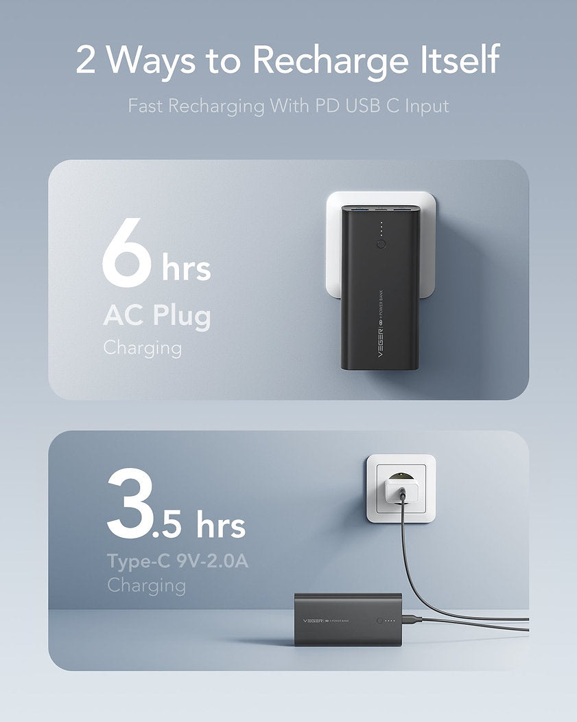 VEGER Power Bank ACE100 10000mAh 20W με 2 Θύρες USB-A και Θύρα USB-C Power Delivery / Quick Charge 3.0 Μαύρο - iThinksmart.gr