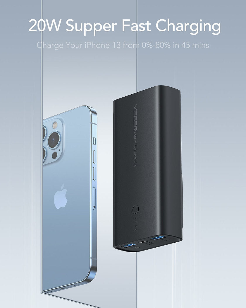VEGER Power Bank ACE100 10000mAh 20W με 2 Θύρες USB-A και Θύρα USB-C Power Delivery / Quick Charge 3.0 Μαύρο - iThinksmart.gr