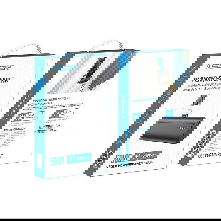VEGER Power Bank Mini 5000mAh V0556P με βύσμα Lightning για Apple Συσκευές - Μαύρο - iThinksmart.gr