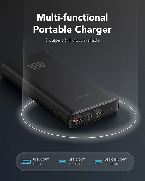 VEGER Power Bank T100 20000mAh 100W με Θύρα USB-A και Θύρα USB-C Power Delivery / Quick Charge 3.0 - Μαύρο - iThinksmart.gr