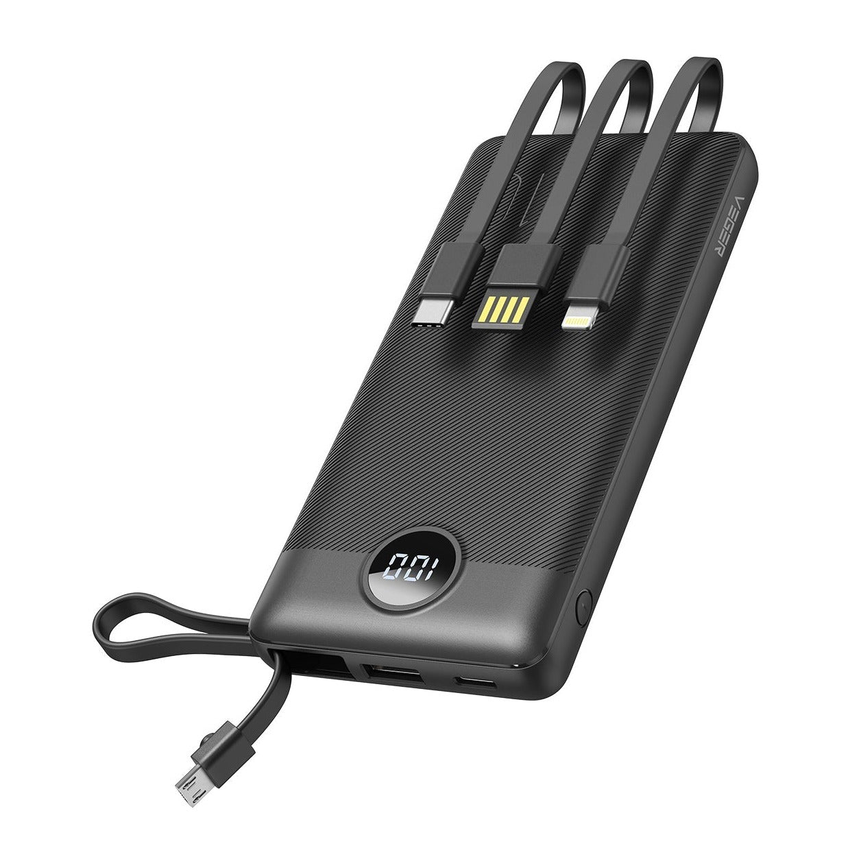 VEGER Power Bank VP1116 C10 10000mAh με Build-In Καλώδια Micro USB, Type C. Lightning - Μαύρο - iThinksmart.gr