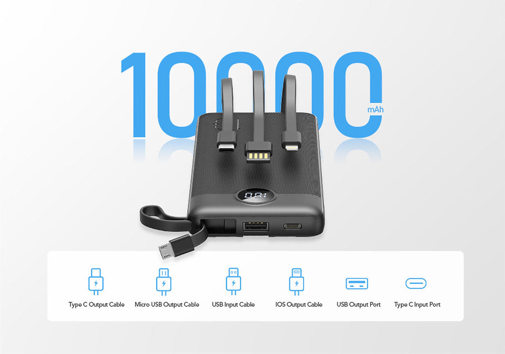 VEGER Power Bank VP1116 C10 10000mAh με Build-In Καλώδια Micro USB, Type C. Lightning - Μαύρο - iThinksmart.gr
