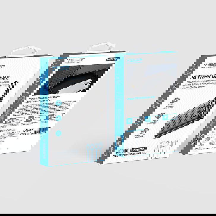 VEGER Power Bank VP1116 C10 10000mAh με Build-In Καλώδια Micro USB, Type C. Lightning - Μαύρο - iThinksmart.gr