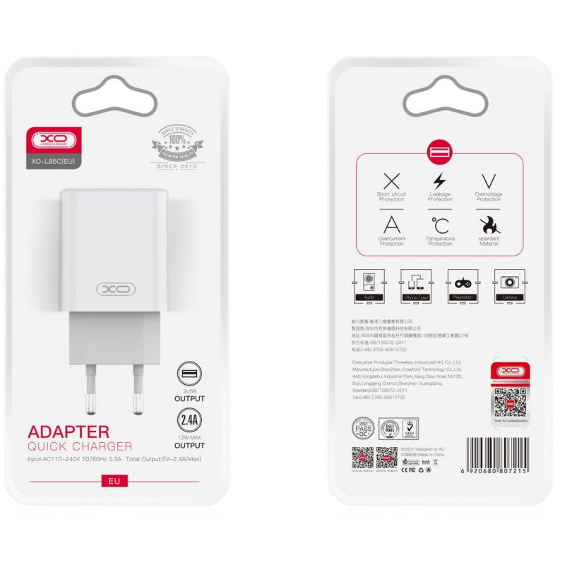 XO Φορτιστής Ταξιδίου με 2 Θύρες USB-A 2.4A (L85C) 12W - Λευκό - iThinksmart.gr