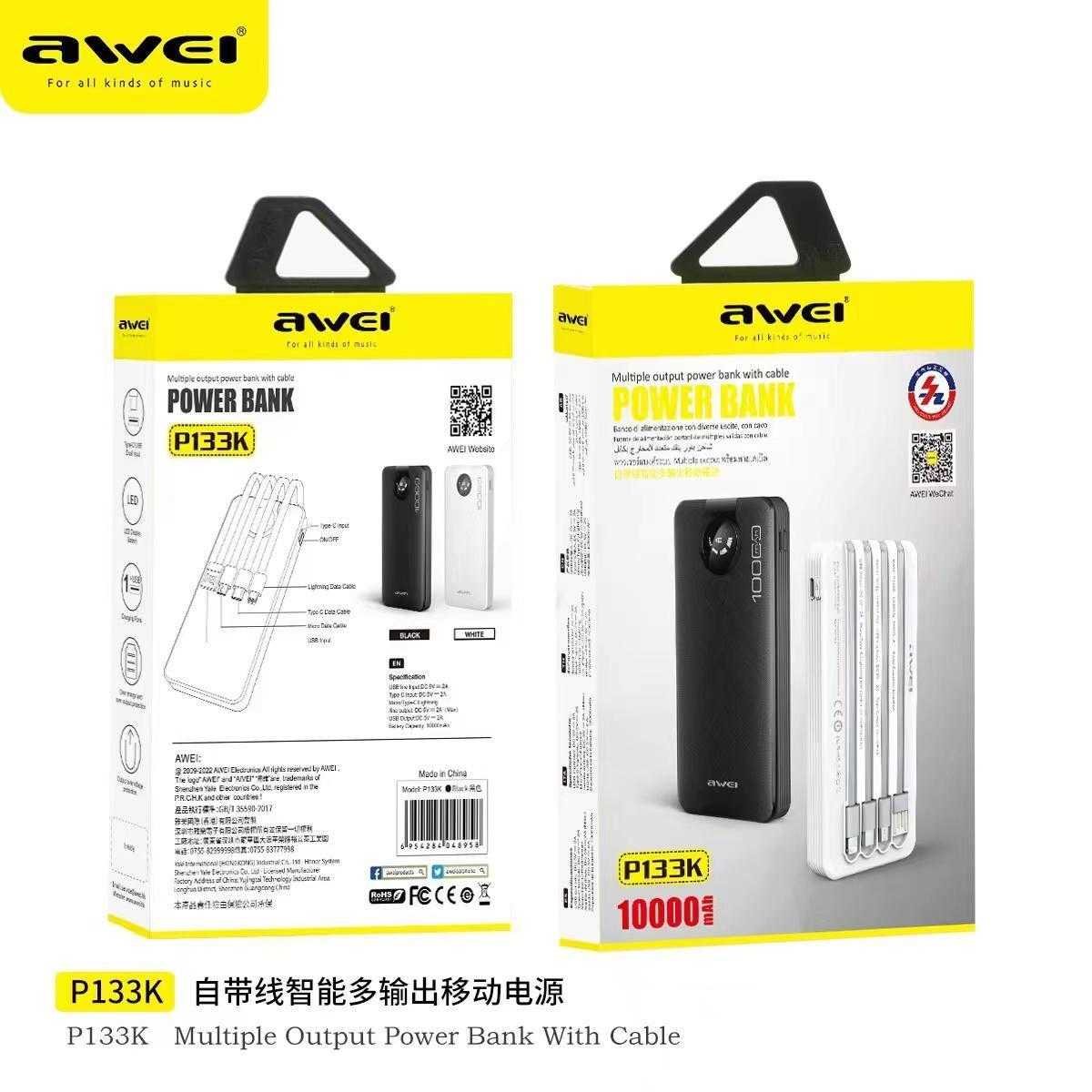 Powerbank - P133K - 10.000mah - 4in1 - AWEI - 048958 - Black