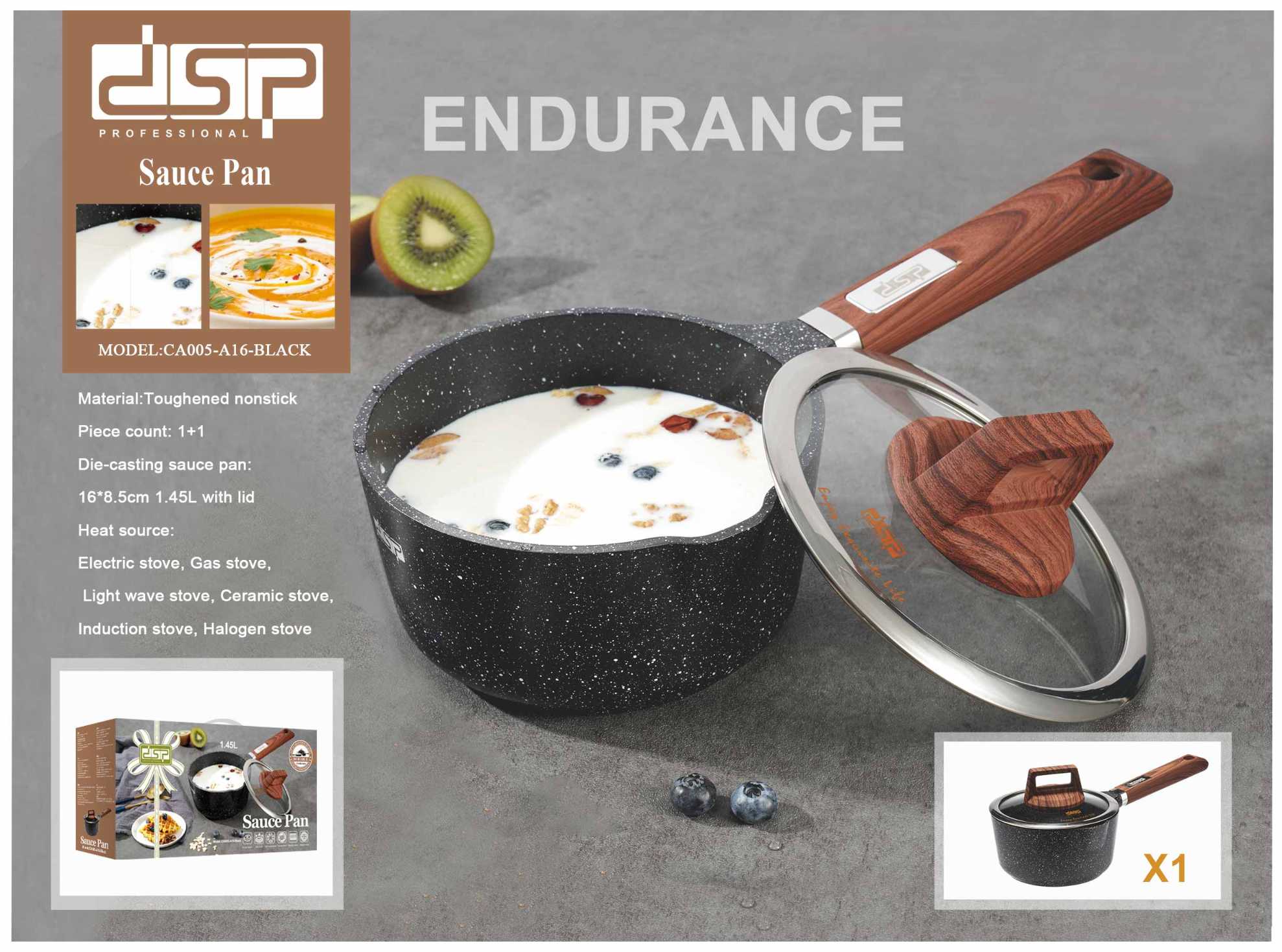 Γαλατιέρα αντικολλητική με καπάκι - 1.45L - CA005-A16-Black - DSP - 612432