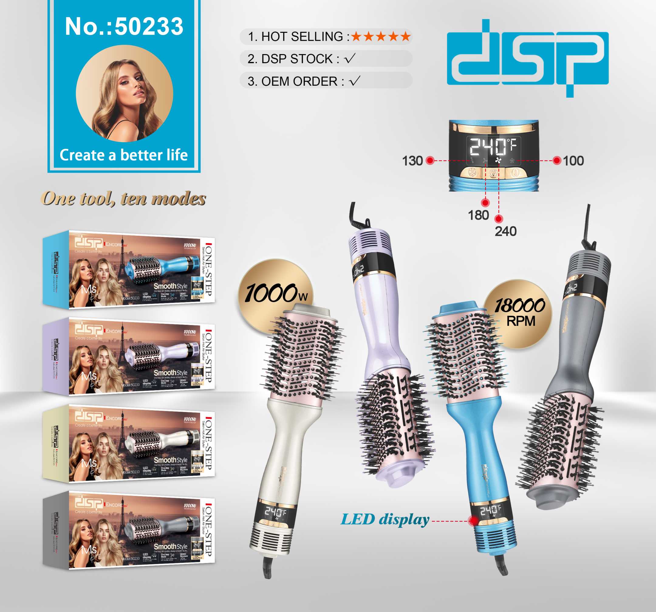 Ηλεκτρική βούρτσα χτενίσματος/στεγνώματος μαλλιών - 50233 - DSP - 564919 - Purple