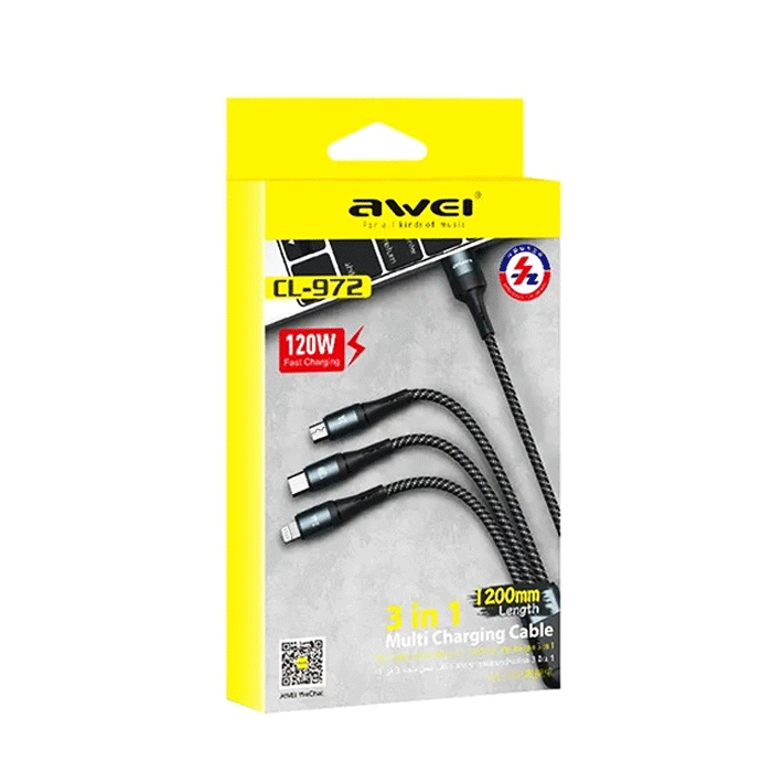 AWEI CL-972 Charging and Data Transfer Cable Data Cable USB 1.2m to Lightning/ Type C/ micro USB 2.4A Color: Black