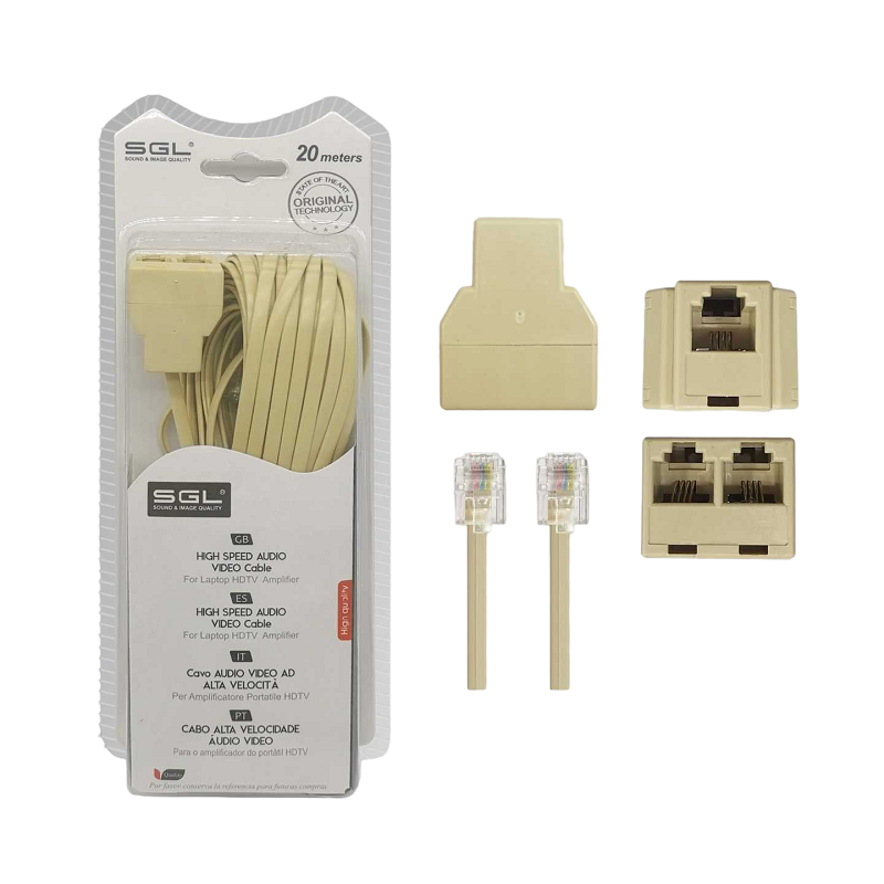 Καλώδιο γραμμής τηλεφώνου με διακλαδωτή - 6P4C1-2 - 20m - 097107 - iThinksmart.gr