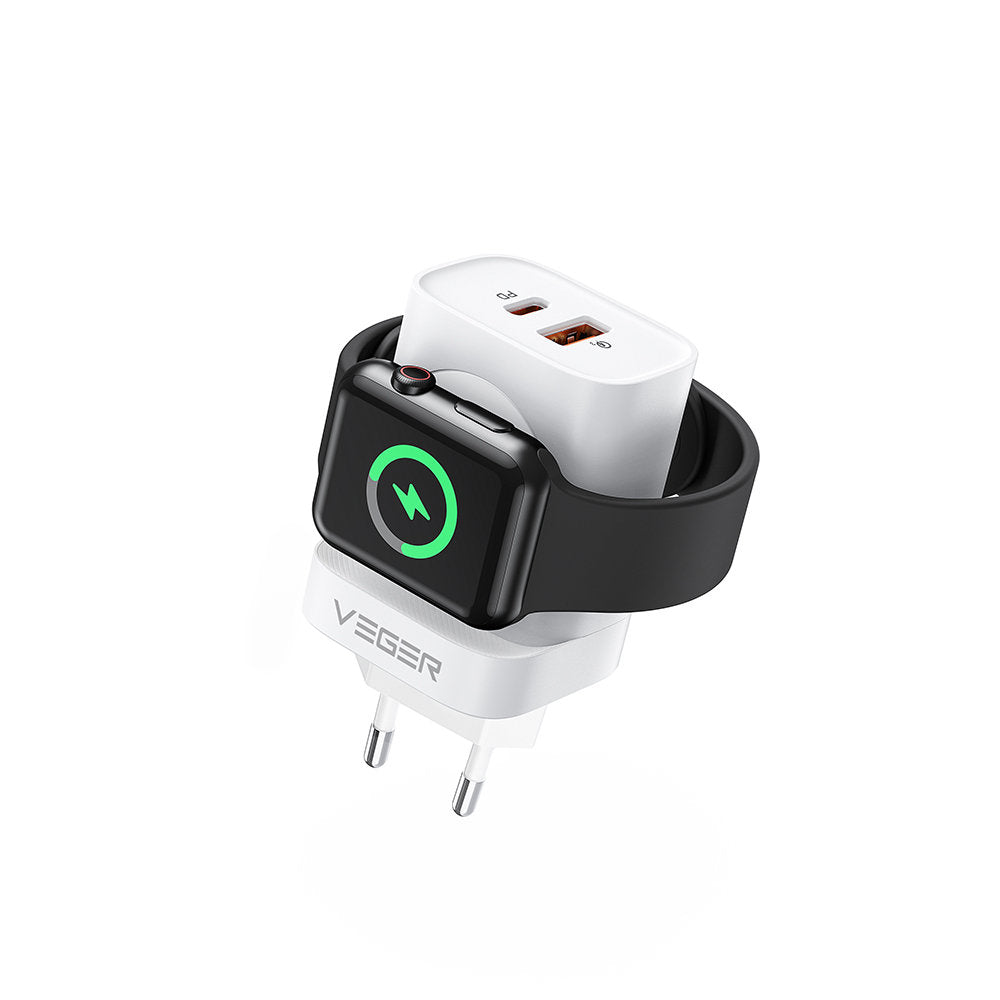 Φορτιστής Τοίχου VEGER W002E 22.5W με 2 θύρες USB Type-C και USB-A και ασύρματη φόρτιση Apple Watch - Λευκό - iThinksmart.gr