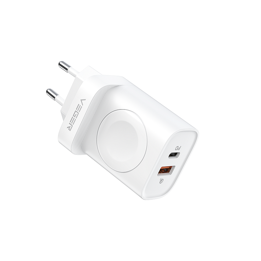 Φορτιστής Τοίχου VEGER W002E 22.5W με 2 θύρες USB Type-C και USB-A και ασύρματη φόρτιση Apple Watch - Λευκό