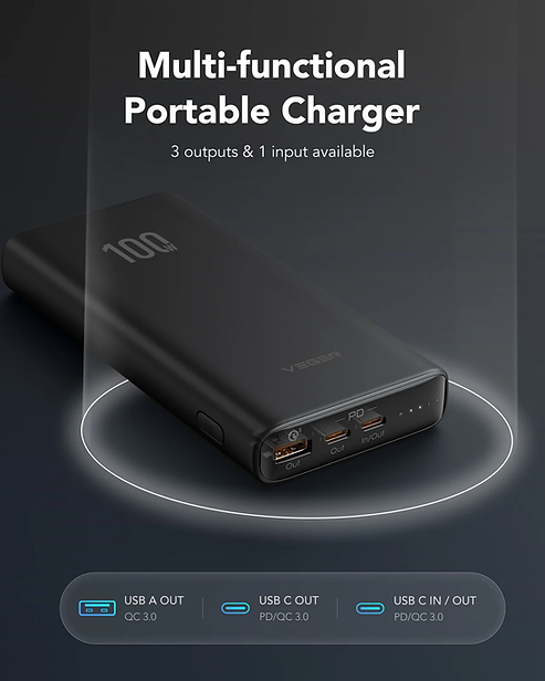 VEGER Power Bank T100 20000mAh 100W με Θύρα USB-A και Θύρα USB-C Power Delivery / Quick Charge 3.0 - Μαύρο