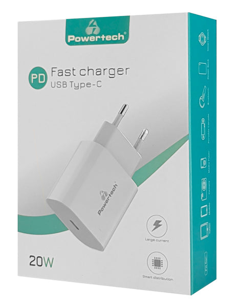 Φορτιστής Ταξιδίου 20W με Θύρα USB Type C - POWERTECH PT-923, 3Α - Λευκό