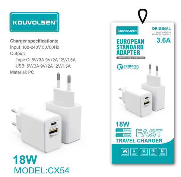 Fast Charge charging adapter with 2 USB-A &amp; Type-C ports - 18W - CX-54 - 110204