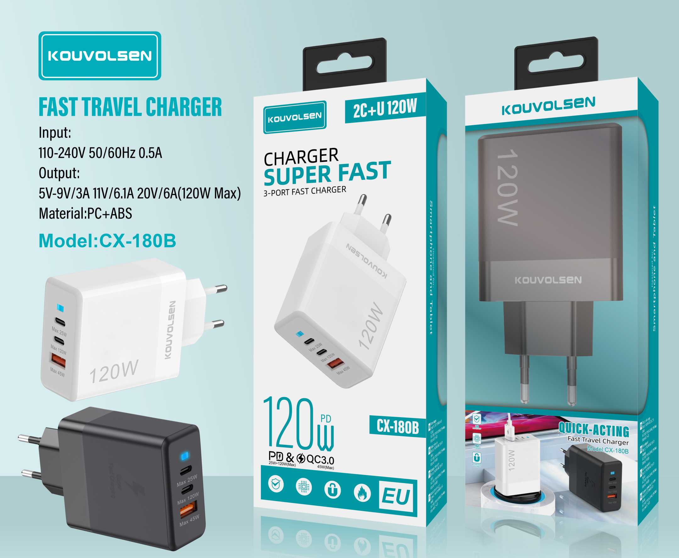 Αντάπτορας φόρτισης Fast Charge με 3 θύρες USB-A & Type-C - 120W - CX-180B - 271801 - Black