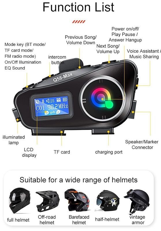 Ασύρματη ενδοεπικοινωνία κράνους μοτοσυκλέτας - Bluetooth - Q58-MAX - 811658