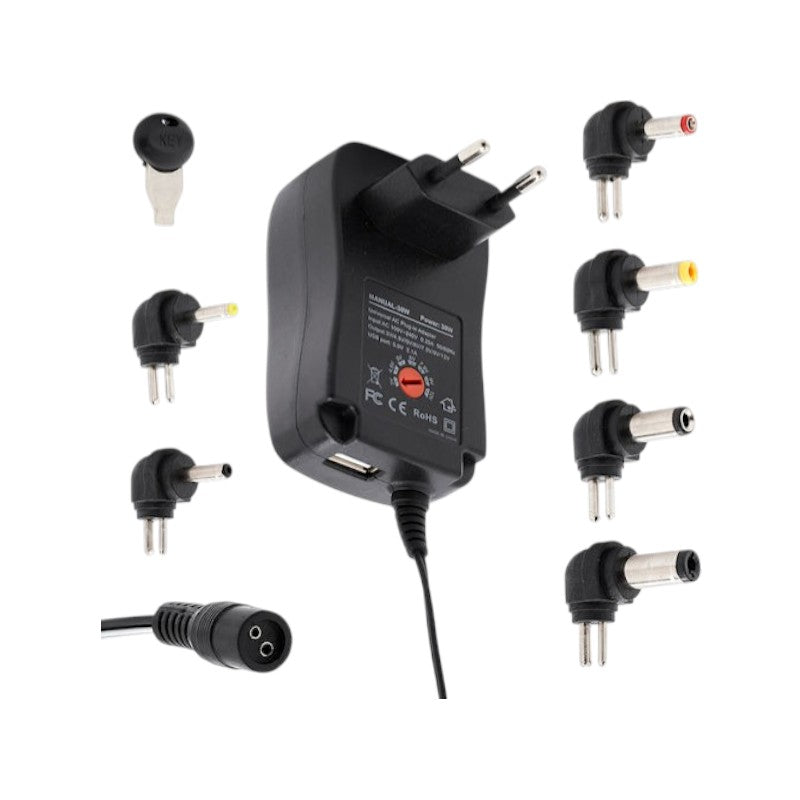 Power adapter with voltage regulator 6 plugs and USB port - 30W - 812990