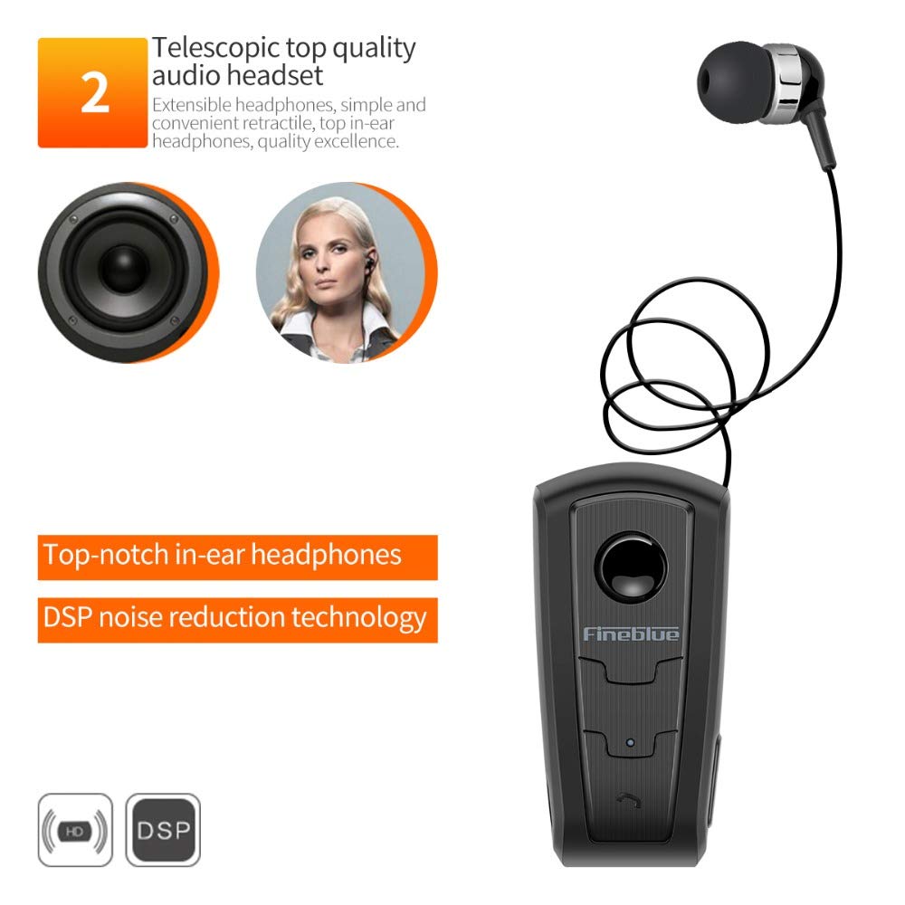 Fineblue F910 Bluetooth Clip-On Handsfree Ακουστικό με Δόνηση και Επεκτεινόμενο Καλώδιο - Μαύρο - iThinksmart.gr