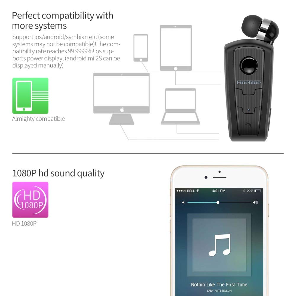 Fineblue F910 Bluetooth Clip-On Handsfree Ακουστικό με Δόνηση και Επεκτεινόμενο Καλώδιο - Μαύρο - iThinksmart.gr