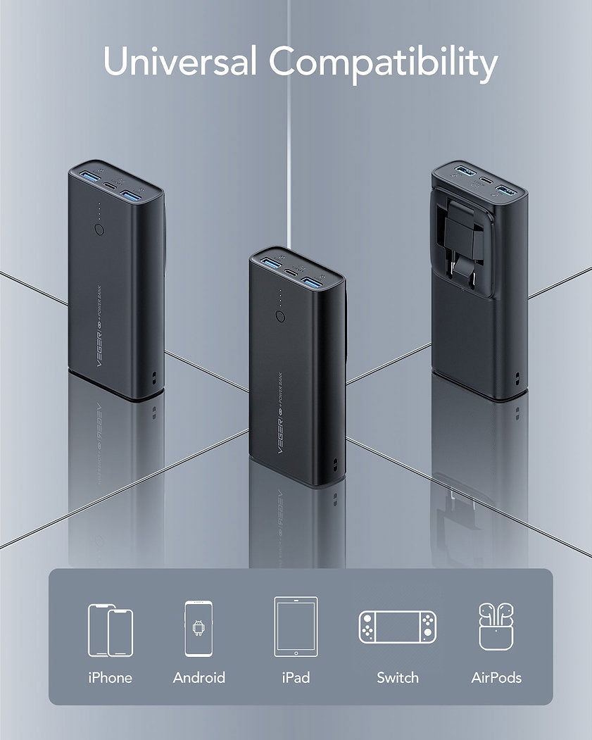 VEGER Power Bank ACE100 10000mAh 20W με 2 Θύρες USB-A και Θύρα USB-C Power Delivery / Quick Charge 3.0 Μαύρο - iThinksmart.gr