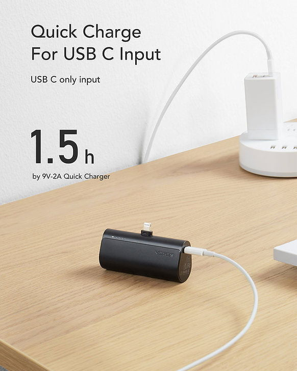 VEGER Power Bank Mini 5000mAh V0556P με βύσμα Lightning για Apple Συσκευές - Μαύρο - iThinksmart.gr
