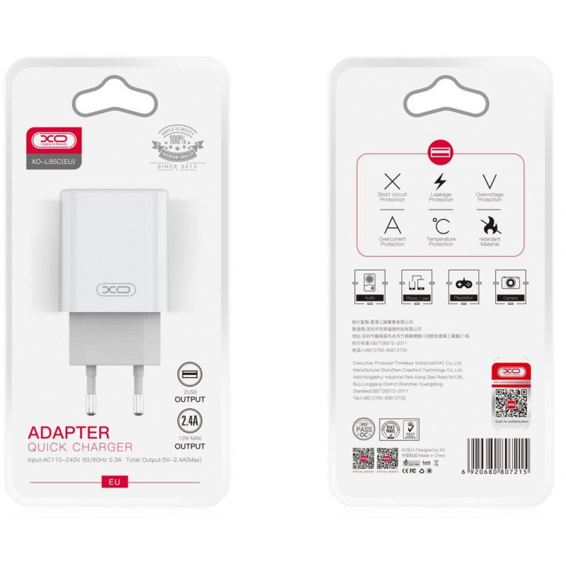 XO Travel Charger with 2 USB-A Ports 2.4A (L85C) 12W - White 